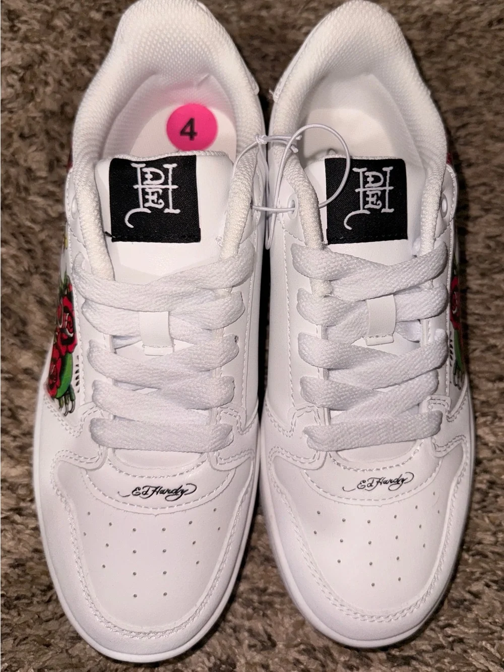 Ed Hardy White Sneakers with Red Rose and Green Leaf Side Art
